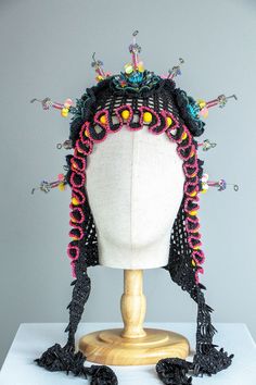 Burning Man Costume, Unique Hats, Ear Hats, Polyester Yarn, Costume Hats, Burning Man, Mens Costumes, Headdress, Hat Designs