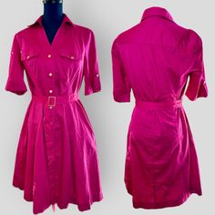 Euc Jones New York Signature Belted Magenta Button-Up Shirt Dress A Timeless Blend Of Sophistication & Casual Chic. Elevate Your Wardrobe W/ This Versatile Piece That Exudes Effortless Elegance. Crafted From Premium Cotton, This Dress Boasts A Flattering Silhouette That Accentuates Your Figure Beautifully. The Addition Of A Stylish Belt Cinches The Waist, Offering A Customizable Fit & Adding A Touch Of Modern Flair. Whether Dressed Up W/ Heels For A Refined Look Or Paired W/ Sneakers For A Relaxed Vibe, This Dress Effortlessly Transitions From Day To Night. Size: 8 Details: Knee Length Pink W/ Polkadots 3/4 Sleeves W/ Snap Button Detail Split Shirt Collar Snap Button Front Closure Side York Dress, Effortless Elegance, Size 8 Dress, Jones New York, Shirt Collar, Button Detail, Snap Button, Casual Chic, Pink Purple