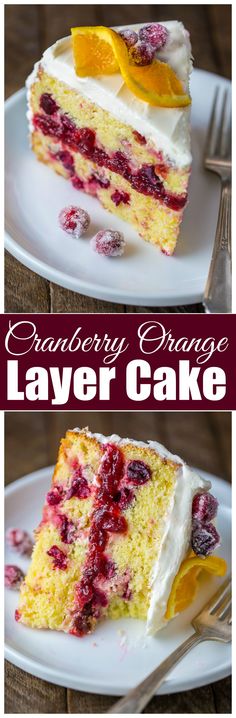 two slices of cranberry orange layer cake on white plates