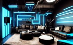 a living room filled with black furniture and blue lights