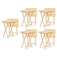 six small wooden tables sitting next to each other