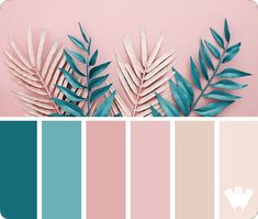 a color palette with different shades of pink, teal and green leaves on it