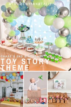 a collage of photos with balloons and toys on the table in front of it