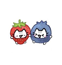 two cartoon cats are standing next to each other, one has a strawberry on it