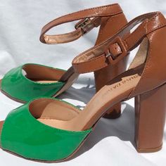 These Sandals Have A Sturdy, Block Heel, Styled With Ankle Straps And Color Blocking In Pretty Patent Leather, They Are Perfect For All Seasons! Never Worn, Excellent Condition And Sold In Original Box. Green Open Toe Patent Leather Sandals, Ankle Straps, Leather Sandals, Patent Leather, Block Heels, Shoes Women Heels, Color Blocking, Shoes Heels, Sandals