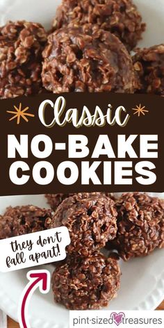 no bake cookies on a white plate with text overlay