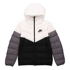 Nike Sportswear NSW Down Fill Colorblock Casual Sports Hooded Jacket Down Jacket Black White CU0226-100 (Men's) Sports Outerwear With Contrast Color For Fall, Contrast Color Sports Outerwear For Fall, Sporty Fall Outerwear With Contrast Color, Contrast Color Outerwear For Sports In Fall, White Hooded Outerwear With Contrast Color, Sports Nylon Puffer Jacket With Long Sleeve, Nylon Sports Puffer Jacket, Nylon Puffer Jacket For Sports, Hooded Track Jacket With Contrast Color For Winter