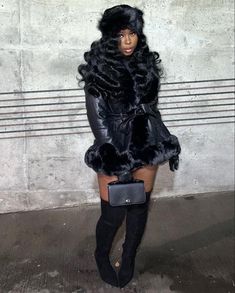 Hooded Dress Outfit Black Women, Birthday Outfit With Gloves, Mini Coat Outfit, Fur Coat Outfits Black Women, Plus Size New Year’s Eve Outfit, Fur Dress Coat, Fur Coat Birthday Outfit, Fur Jacket Dress Outfit