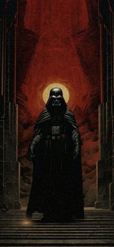 darth vader standing in front of a giant red light at the end of a stairway