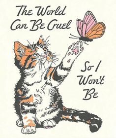 a drawing of a cat with a butterfly on it's back and the words, the world can be cruel so i won't be