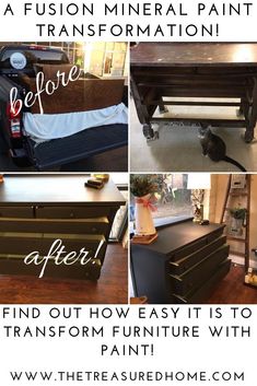 the before and after photos of an old dresser makeover with furniture paint, then painted black