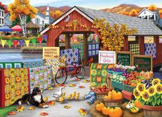 a painting of a farmer's market with chickens and ducks