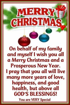 merry christmas card with two ornaments and the words,'on benefit of my family and myself i wish you all a prosperity new year