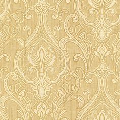 an ornate wallpaper pattern in yellow and beige colors, with white swirls on the background