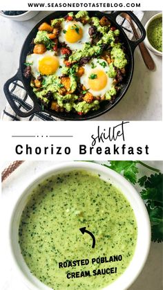 two pictures with different types of food in them and the words chorizo breakfast