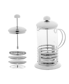 a glass coffee pot with a lid and strainer on the side, next to it's holder