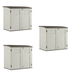 three different sizes of storage sheds with doors and windows on each side, all in white