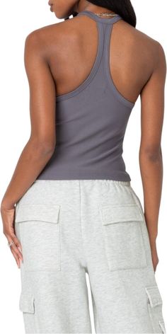 EDIKTED Racerback Stretch Tank | Nordstrom Athleisure Tank Top With Scoop Back And Seamless Construction, Casual Stretch Tank Top With Scoop Back, Gray Athleisure Tank Top With Built-in Bra, Casual Tank Top With Scoop Back And Seamless Construction, Solid Sporty Racerback Tank Top, Sporty Solid Racerback Tank Top, Sporty Solid Color Racerback Tank Top, Sporty T-back Tank Top For Spring, Athleisure Stretch Racerback Tank Top