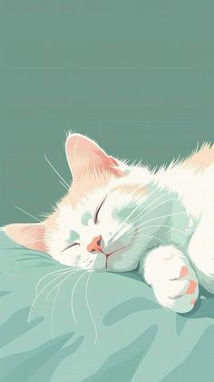 a white cat laying on top of a bed next to a green wall with its eyes closed