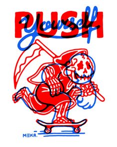 a drawing of a skeleton riding a skateboard with the word plush on it