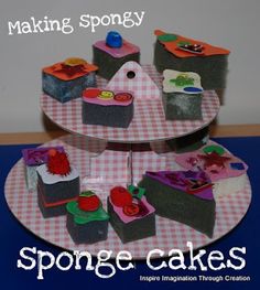 three tiered cake stand with cakes on it and the words making spongy above them