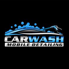 the car wash logo is shown on a black background with blue bubbles and water coming out of it