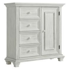 a white cabinet with drawers and doors on it's sides, in front of a white background