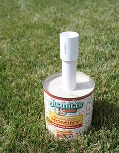 a white toilet sitting on top of a lush green field next to a canister