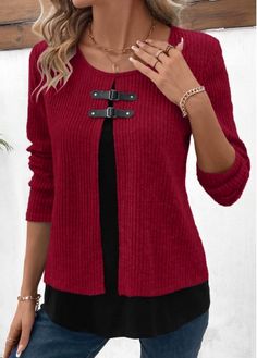 Color:Wine Red;Size:1X;Size:2X;Size:3X;Package Contents:1 X Blouse;Occasion:Other;Style:Casual; Round Neck Blouse, Trendy Tops For Women, Long Sleeve Tops Casual, Red Long Sleeve, Swimsuit Dress, Fall Fashion Trends, Red Blouses, Trendy Tops, Swimsuit Tops