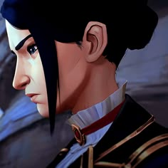 an animated image of a man with black hair and blue eyes looking off into the distance