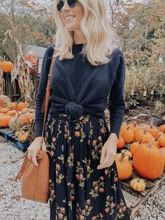 Sweater Dress Layer Outfit, Size 6 Fall Outfits, Floral Skirt With Sweater, Modest Fall Capsule Wardrobe, Navy Dress Fall Outfit, Navy Blue Dress Fall Outfit, How To Style Dresses For Fall, Modest Fashion Outfits Fall, Fall Wedding Guest Skirt Outfit