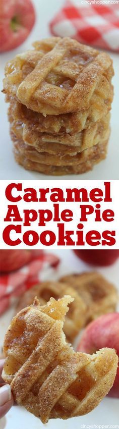 caramel apple pie cookies are stacked on top of each other and ready to be eaten