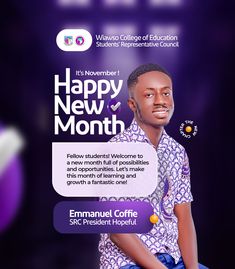 an ad for happy new month with a man in purple shirt and blue pants sitting down