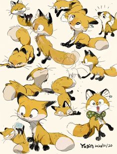 some very cute foxes with different expressions on their face and body, in various poses