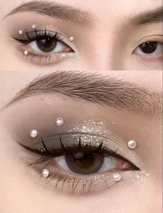 Makeup Looks Kpop Idol, Korean Rhinestone Makeup, Kpop Concert Eye Makeup, Eye Makeup Looks With Gems, Pearl Rhinestone Makeup, Pearls Eye Makeup, Stray Kids Inspired Makeup, Face Gem Ideas, New Year Makeup Ideas