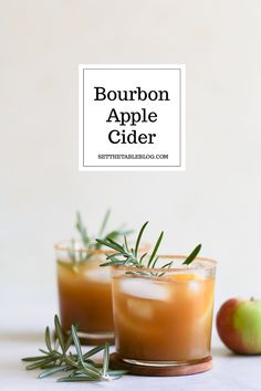 bourbon apple cider cocktail with rosemary garnish and an apple on the side