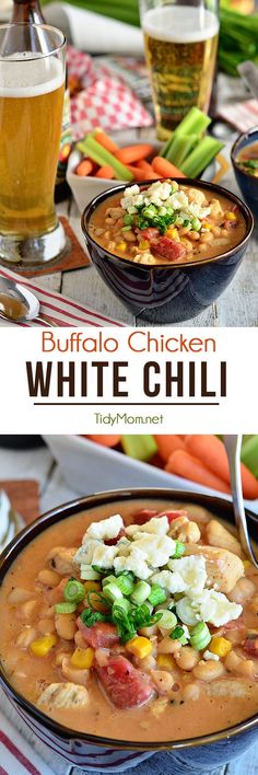 this buffalo chicken white chili is loaded with fresh vegetables and lots of flavor it's ready to be eaten