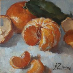 an oil painting of oranges on a white surface