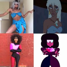 four different cartoon characters, one with an afro and the other without her hair or makeup