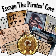 the pirate's cove logo is surrounded by pictures of pirates and other things that are on display