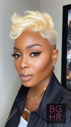 Classic Pixie Elegance – Black Women’s Hair #ClassicPixie #ElegantHairStyle #BlackGirlsHairRocks – Black Girls Hair Rocks Blonde Hair For Black Women, Pixie Cut Shaved Sides, Mohawk Hair