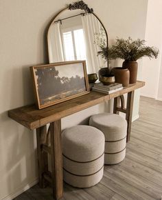 there is a mirror and two stools on the table