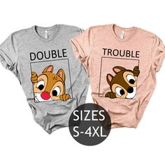 "Double Trouble Shirts, Best Friends Shirts, Bestie Shirt, Double Trouble Matching T shirts, Bff T Shirt, Friendship Gift, Bestie Duo Shirts Chip and Dale Shirt, Double Trouble Shirt, Double Trouble T Shirts, Disney Family Shirts, Disney Couple Shirts, Plus size Couple Shirts How to Order: 1. Choose size from the drop down menus, and add it to your cart 2. List shirt color/s (see options in the listing's pictures) for both HIS & HERS YOU WILL GET 2 SHIRTS FOR 1 QUANTITY ALL UNISEX SIZES FREE SHI Duo Shirts, Disney Besties, Disney Honeymoon Shirts, Disney Best Friends, Bff Shirts, Disney Couple, Disney Couple Shirts, Matching Disney Shirts, Disney Trip Shirts