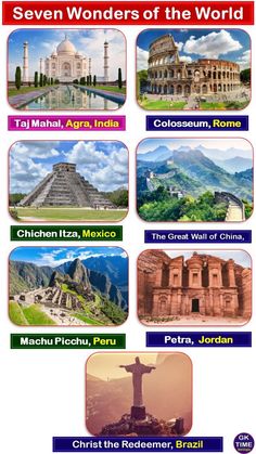 the seven wonders of the world with pictures and captions in english, spanish, and chinese