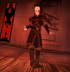 an animated character standing in front of a red and black door with his arms out