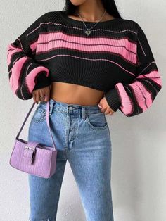 F00283948-102 Crop Pullover, Sweater Knitting Pattern, Cropped Pullover, Stylish Sweaters, Women Sweaters, Knit Sweaters, Casual Stripes, Plus Size Kleidung, Style Streetwear