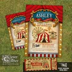 two circus ticket cards on the grass with red and white striped tents in the background