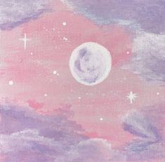 an abstract painting of the moon and stars in the night sky with pink, purple, and blue hues