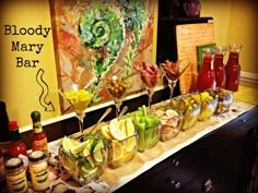 Love This Bloody Mary Bar... I think the shrimp is the key to this fantastic presentation :) Best Breakfast Bars, Diy Wedding Bar, Birthday Bar, Wedding Brunch, Drink Bar, Cocktail Ideas