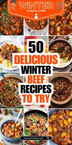 the cover of 50 delicious winter beef recipes to try with text overlaying it